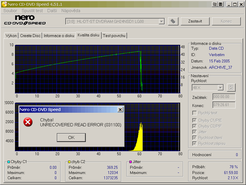 Verbatim DataLife+ SuperAZO CD-R 52x 80 min, LG GH24NSD1 test