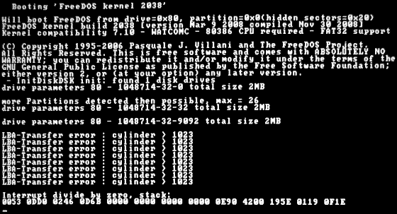 FreeDOS kernel InitDisk error, division by zero, debug mode