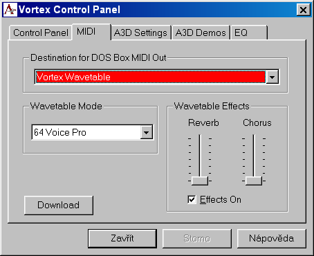 nastavení wavetable syntézy ve Windows 98 SE