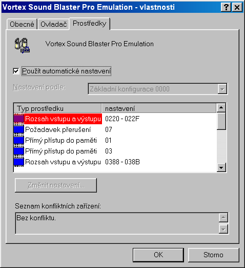nastavení SB Pro emulace ve Windows 98 SE