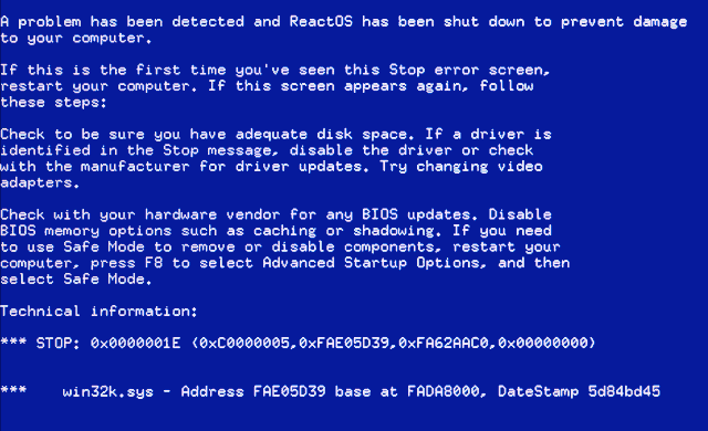 ReacOS BSOD: STOP: 0x0000001E win32k.sys